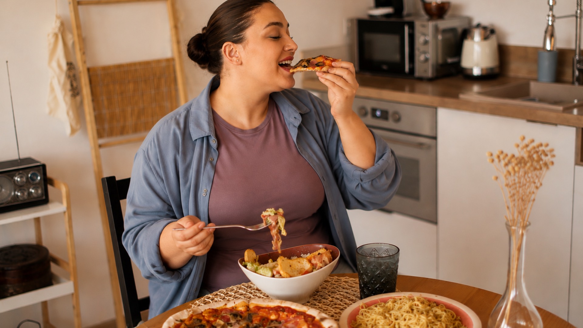 A woman enjoying a slice of pizza in her kitchen.