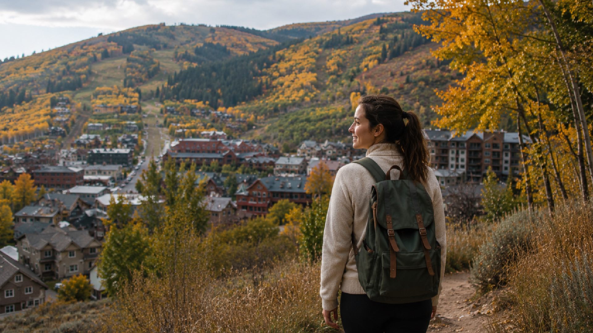 A woman with a backpack looking over a mountain town with fall foliage.