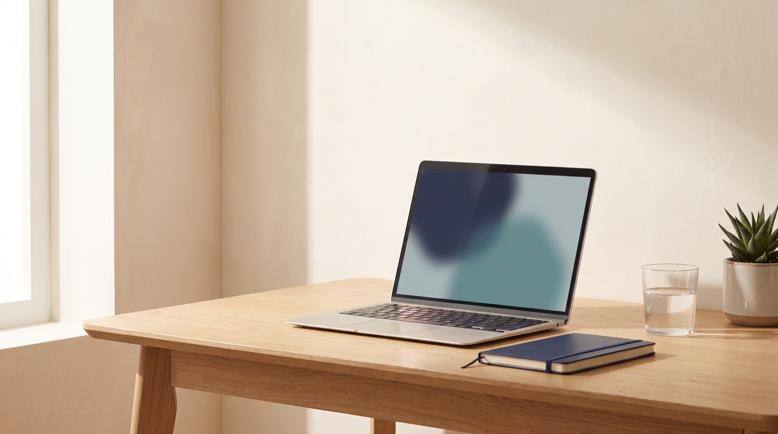 A laptop, notebook and glass of water on a sunlit home desk, an editorial illustration of remote care.