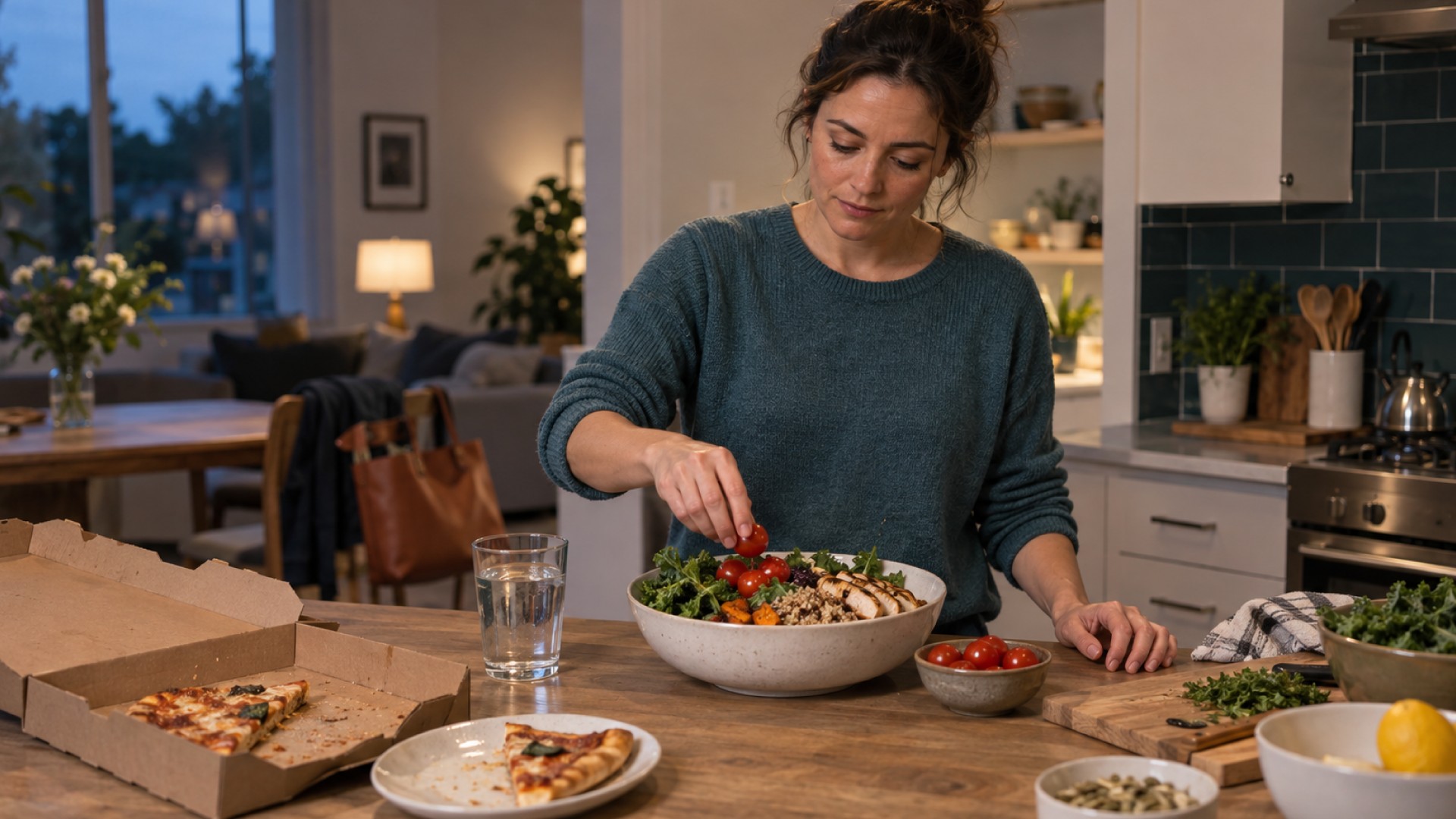 Woman in the kitchen making a salad to eat along with her pizza for dinner.