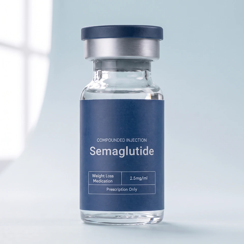 Trimi compounded semaglutide vial, packaging illustration