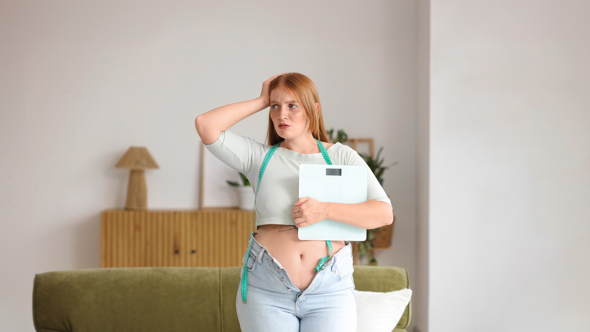 A frustrated woman in a living room holds a bathroom scale with a measuring tape draped around her neck.